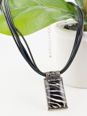 Chico's Silver Tone Zebra Print Rectangular Pendant Cord Necklace 16" + 3"